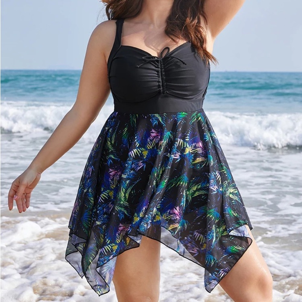 Tropical Ruched Ties Hanky Hem Crisscross Swim Dress swimsuit